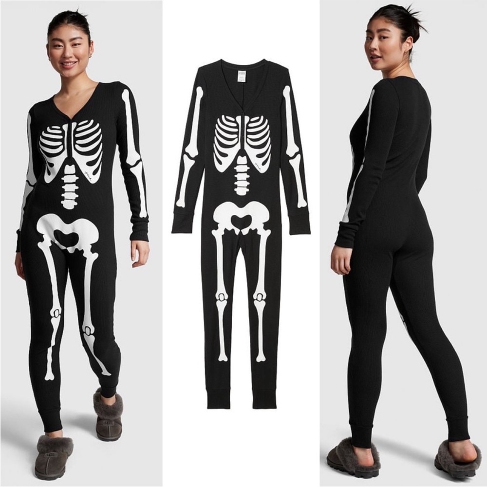 Victoria's Secret PINK Thermal Sleep Onesie Halloween Black Skeleton